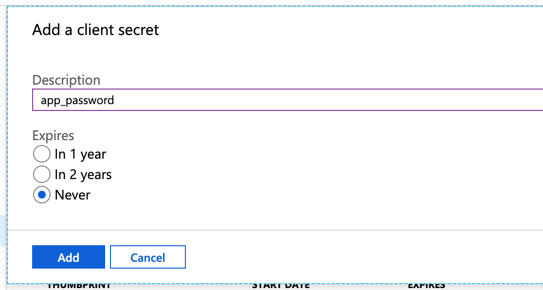Example form to add a client secret in Microsoft
