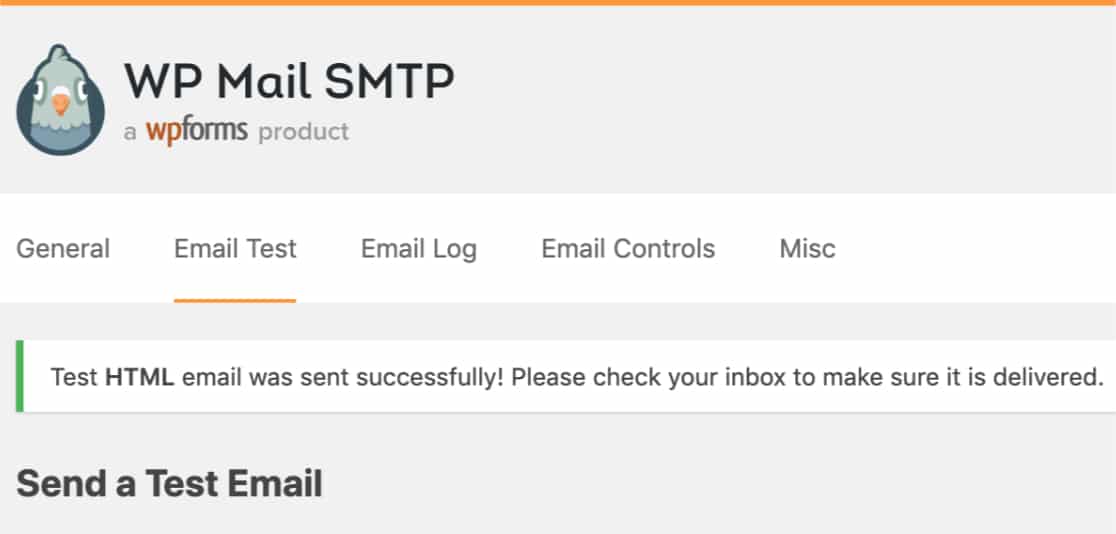 Notice showing the WP Mail SMTP test email sent successfully