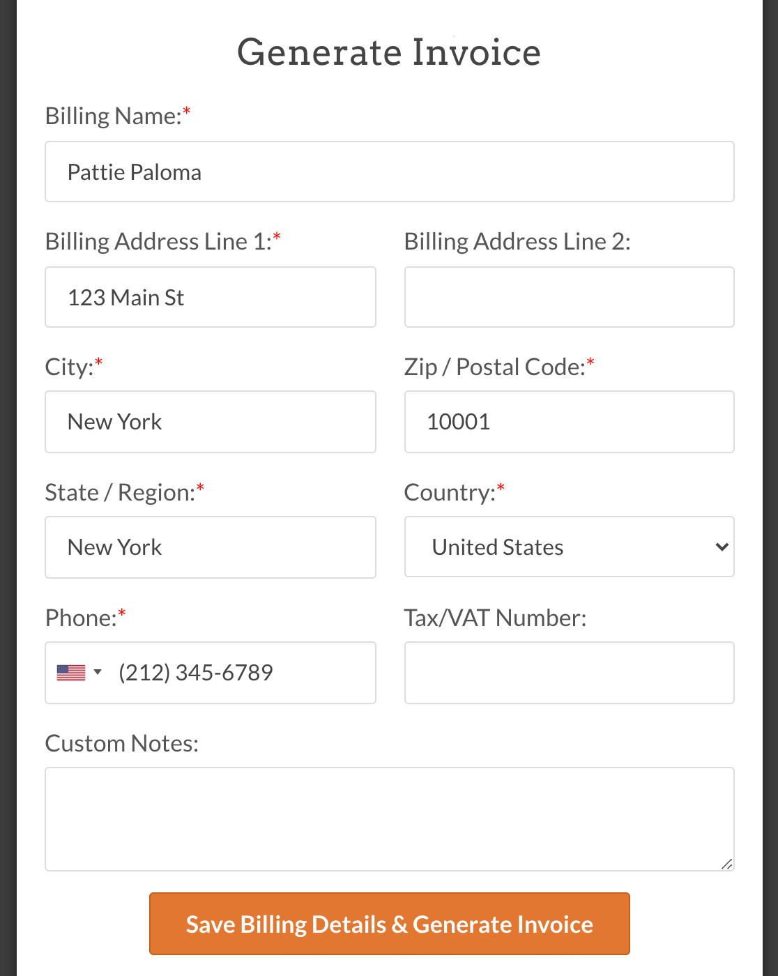 Entering billing details for a WP Mail SMTP invoice