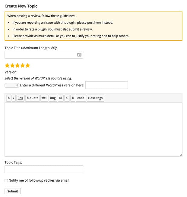 Enter your review in the provided form once logged into WordPress.org