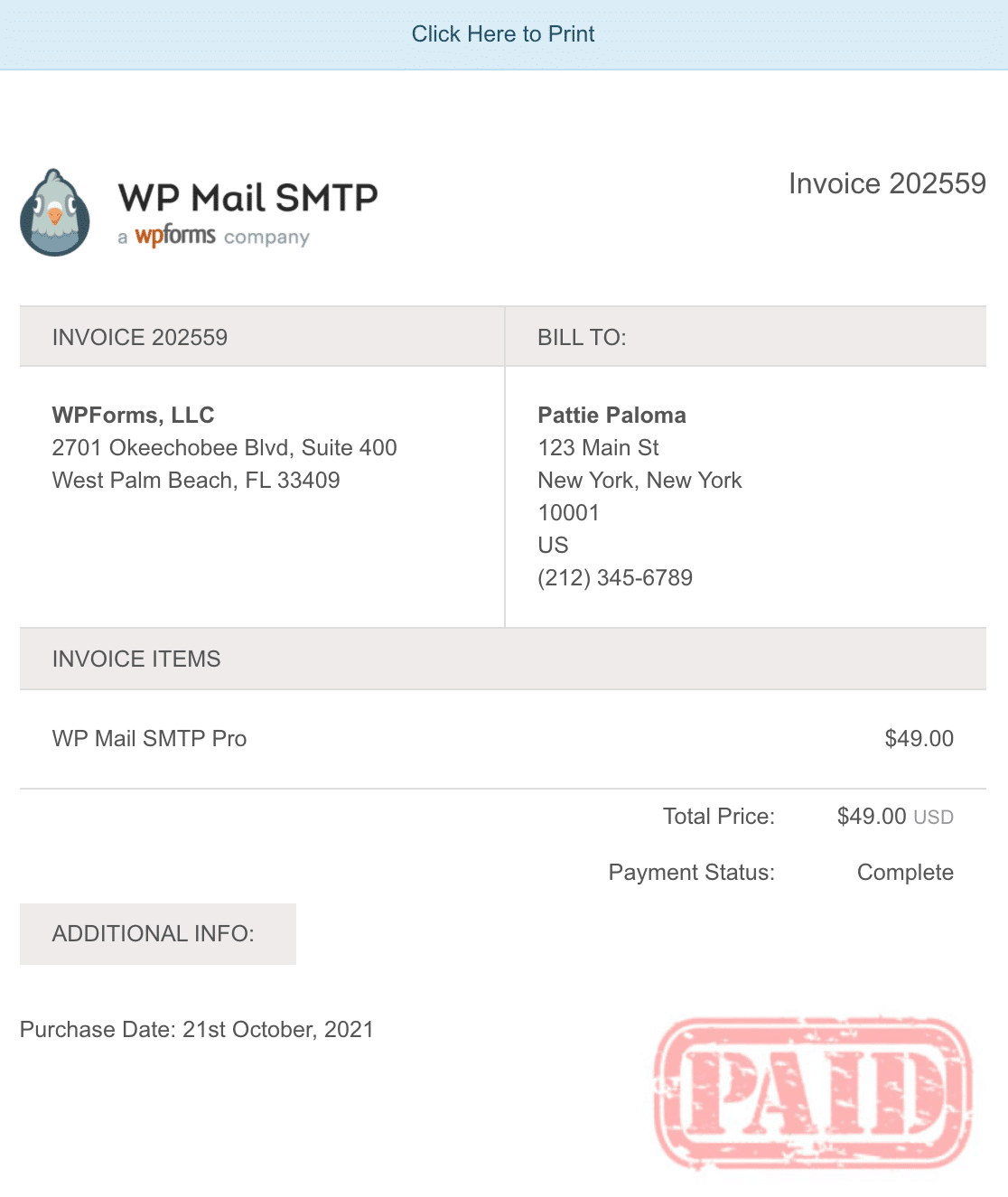A WP Mail SMTP invoice