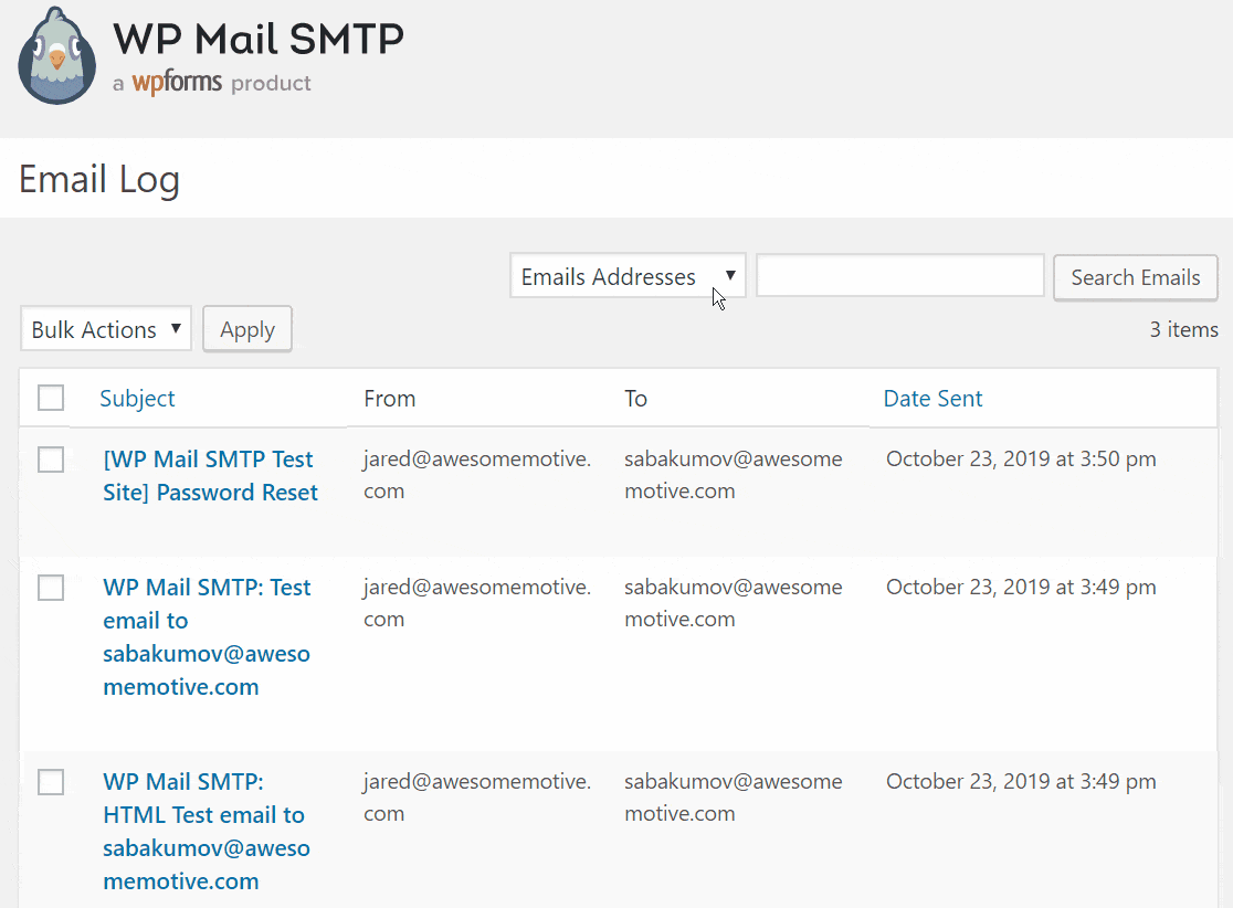 wp mail smtp email log search