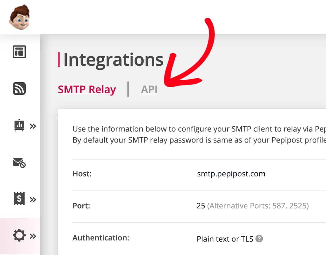 Open the Integrations page of Pepipost and then click API