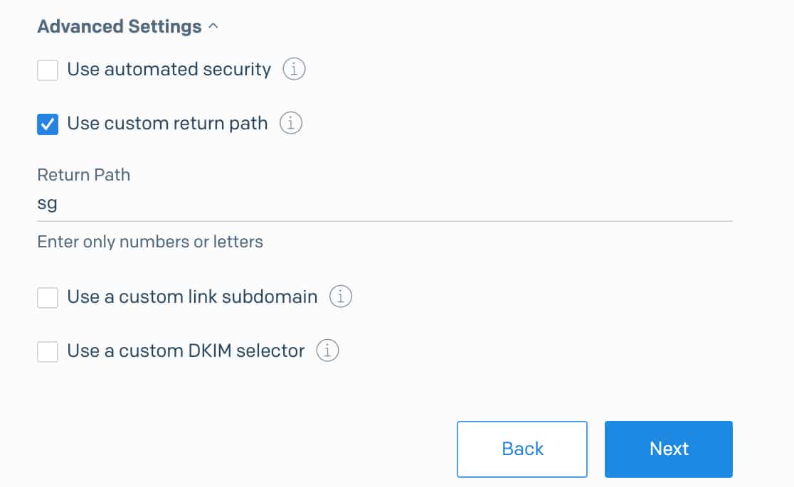 Uncheck automated security option and check custom return path