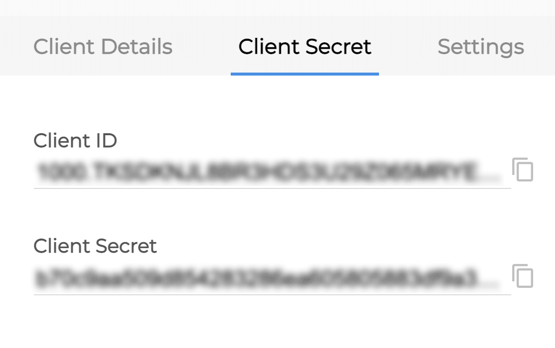 Copying the Client ID and Client Secret from the Zoho API console