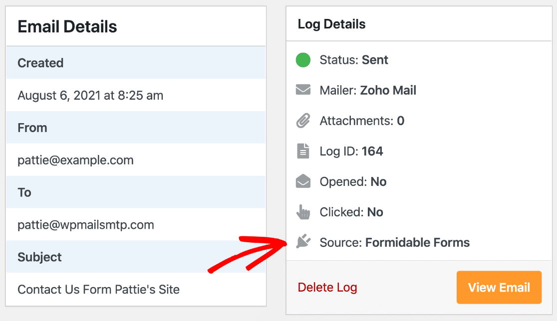 Formidable Forms contact form email log