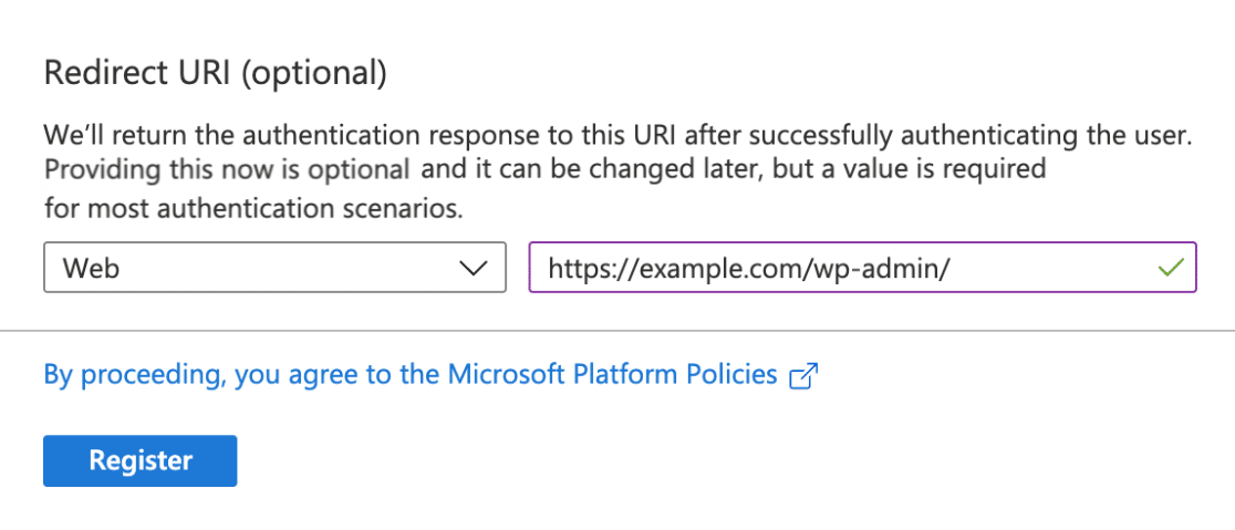 Finish app registration form in Microsoft