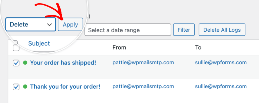 Bulk delete email logs