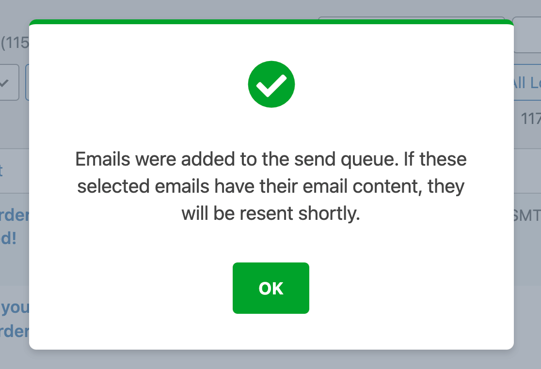 The bulk resend confirmation popup
