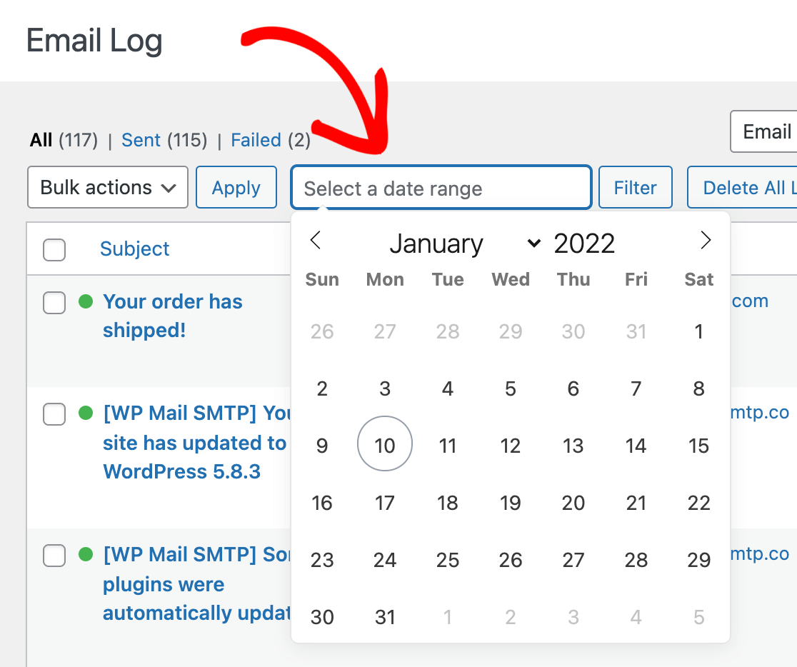 Choosing a date range to filter email logs