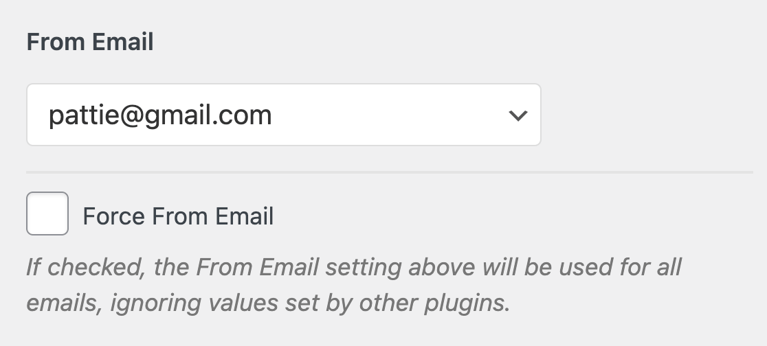 Selecting an email address to use as your From Email after setting up the Google / Gmail mailer
