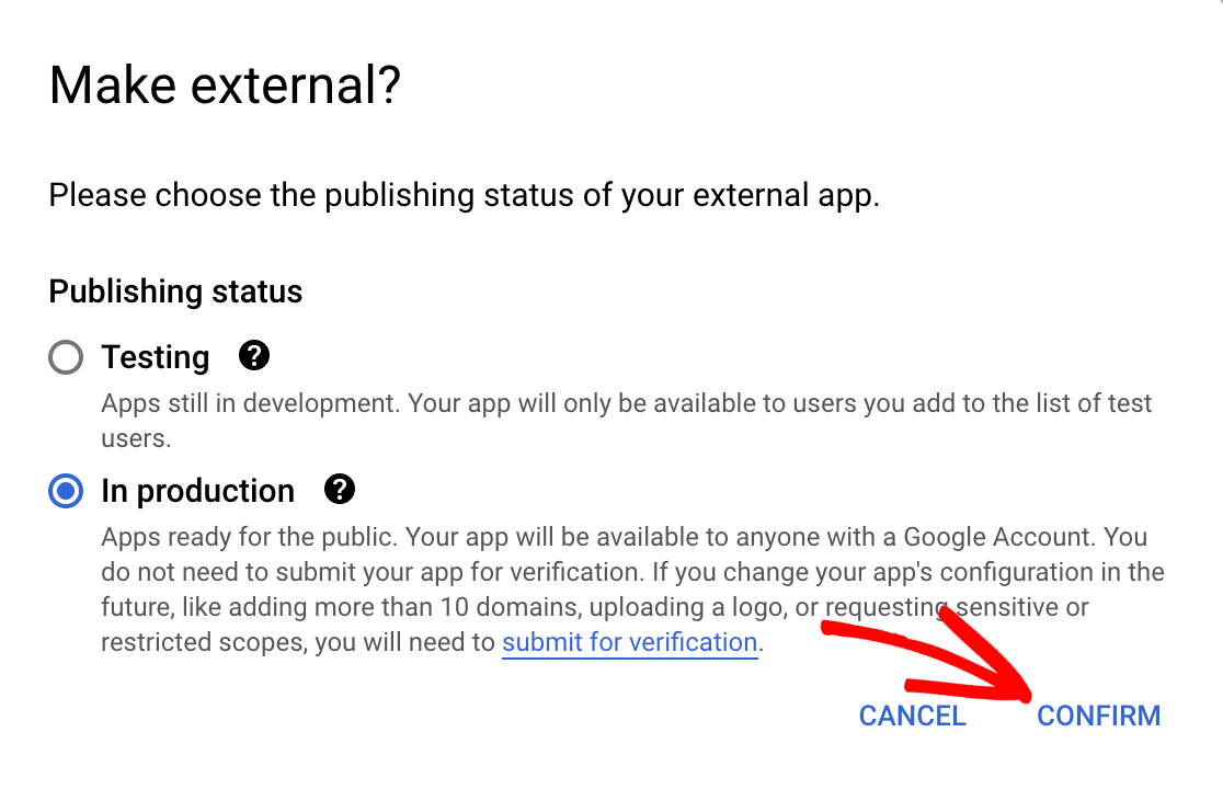 Setting the Google Cloud app publishing status to In production