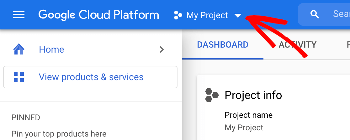 Opening the Google Cloud projects dropdown