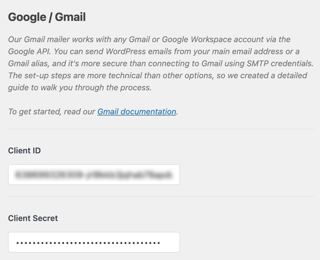 在 Google/Gmail 邮件设置中粘贴您的客户端 ID 和客户端密码