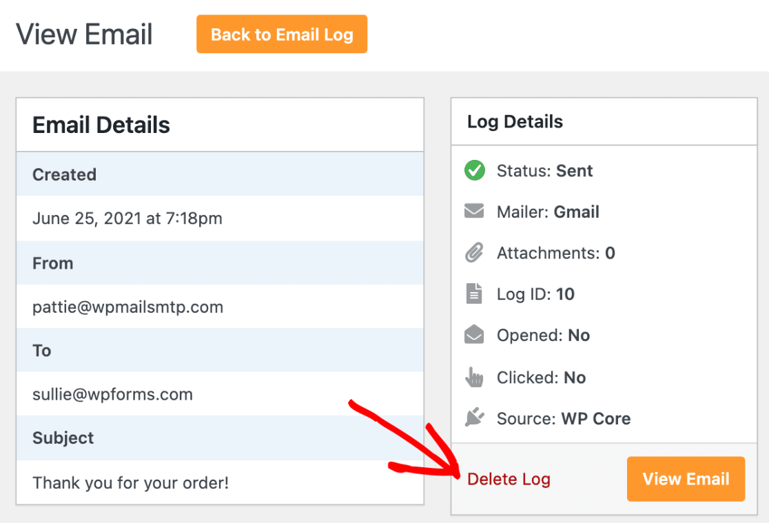 Deleting an email log from its individual log page