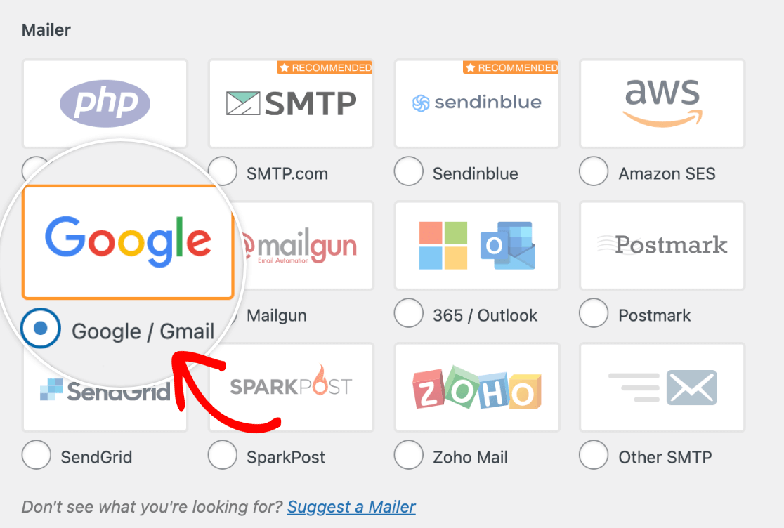 在 WP Mail SMTP 的设置中选择 Google / Gmail 邮件程序