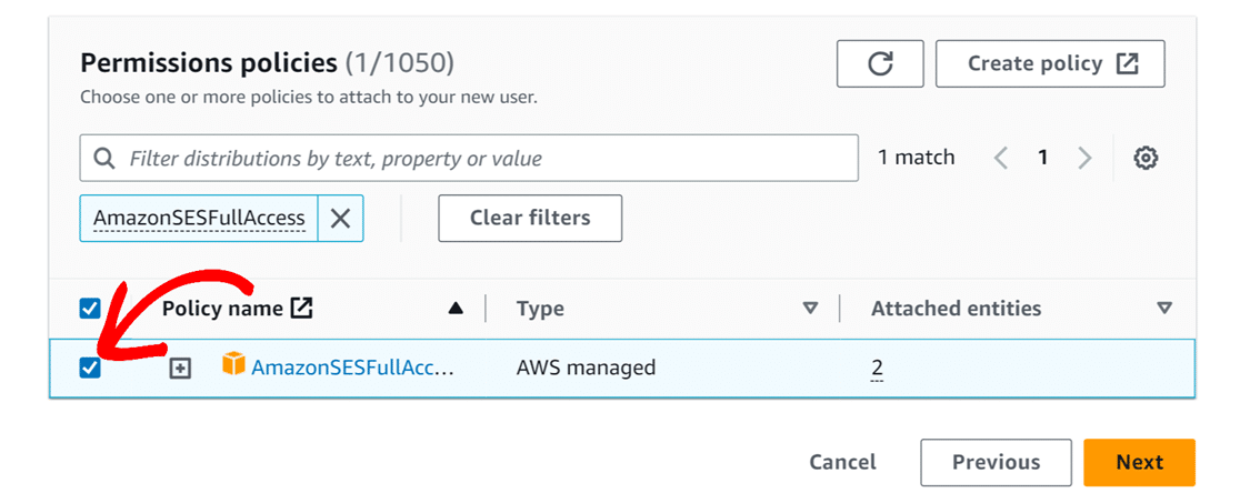 Selecting AmazonSESFullAccess permission policy