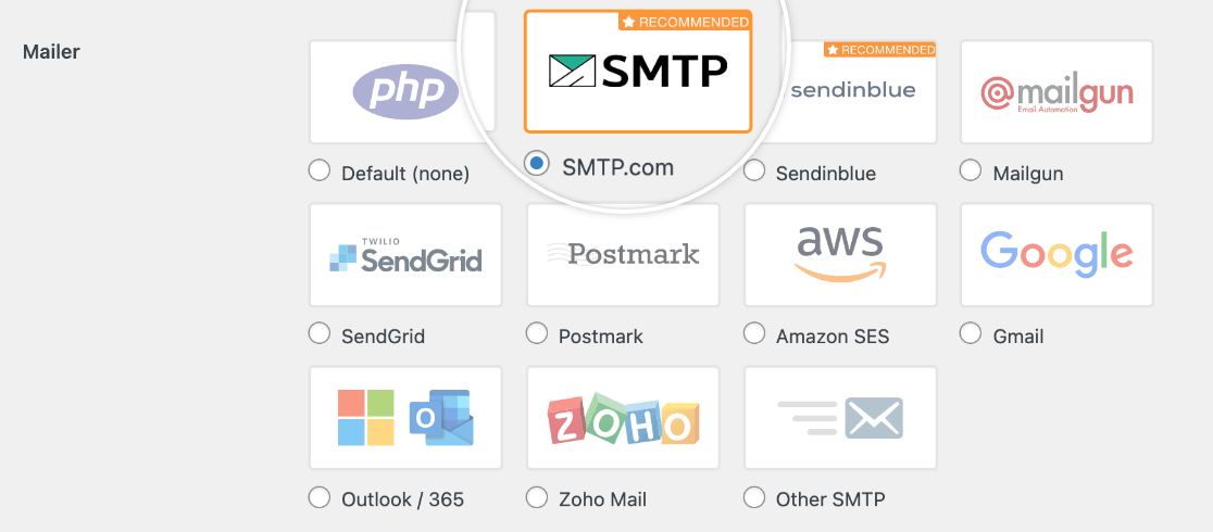 Selecting the SMTP.com mailer in the WP Mail SMTP settings