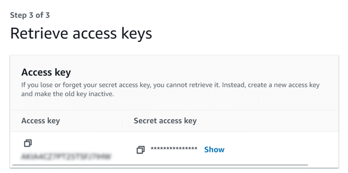 Generated access and secret keys