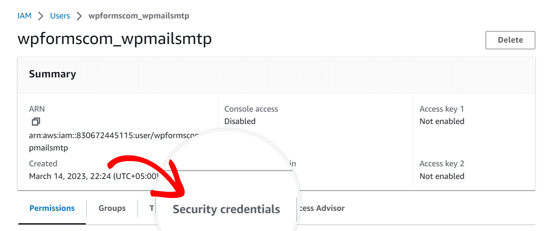 Clicking Security Credentials tab