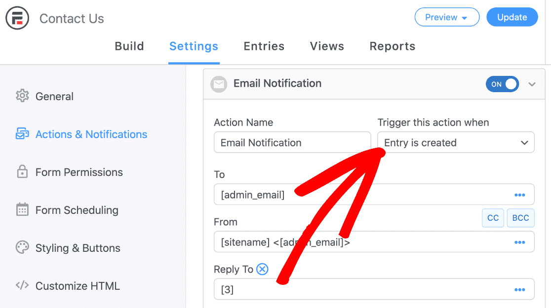 formidable forms email settings trigger