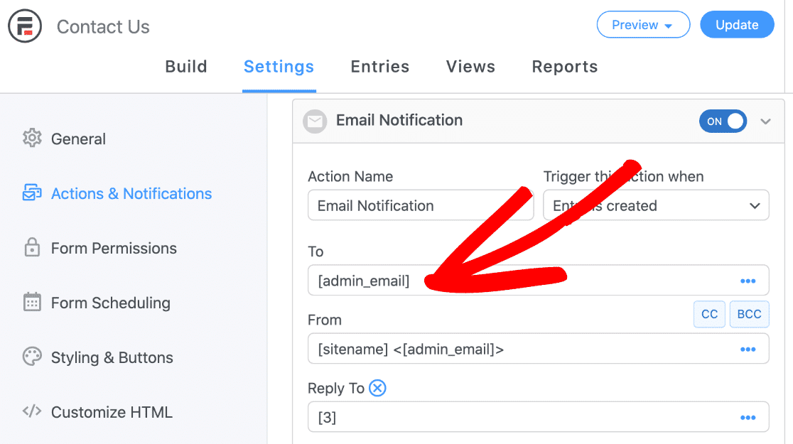 formidable forms email notification settings