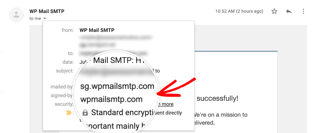 Checking that your domain has been authenticated in SendGrid by looking at the test email sender details in Gmail