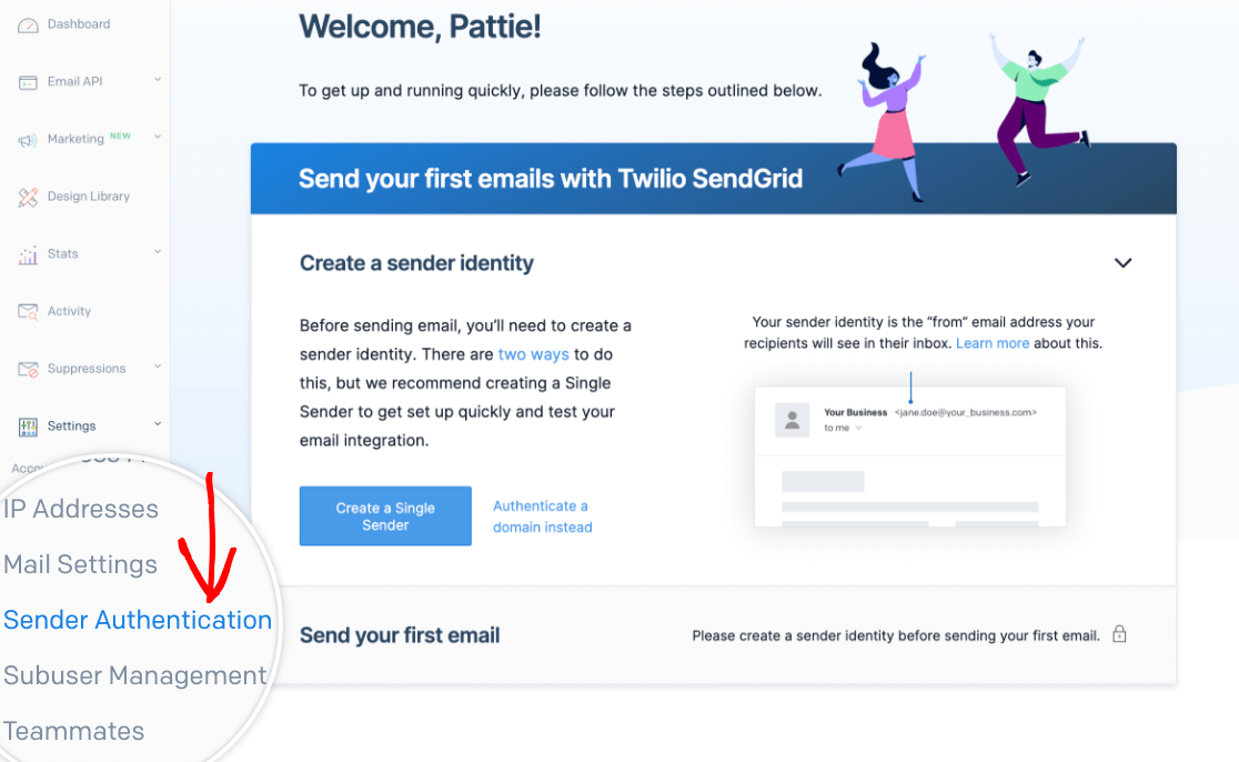 Accessing the sender authentication settings in SendGrid