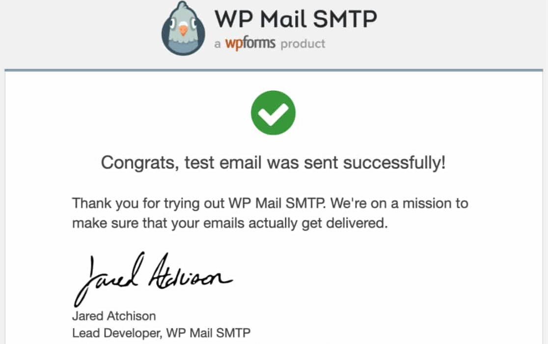 A successful test email from WP Mail SMTP