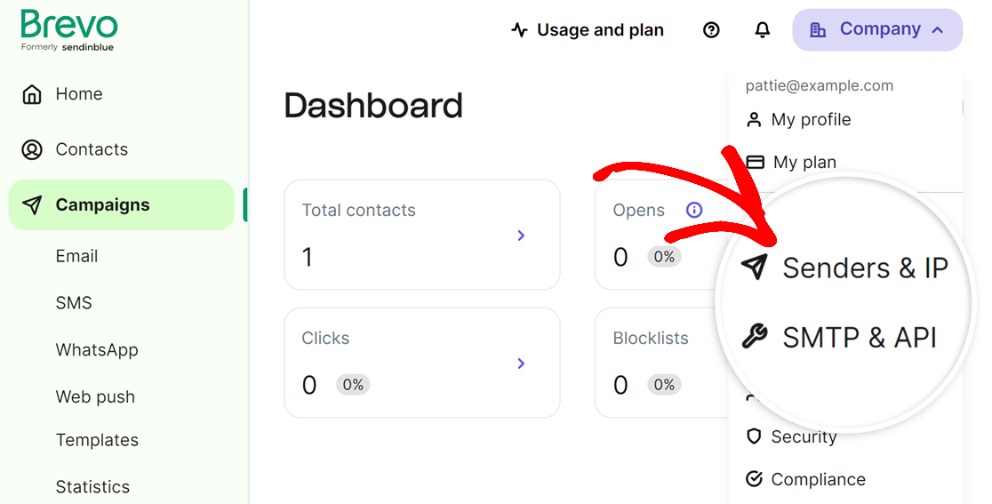 Opening the Senders & IP page in your Brevo account