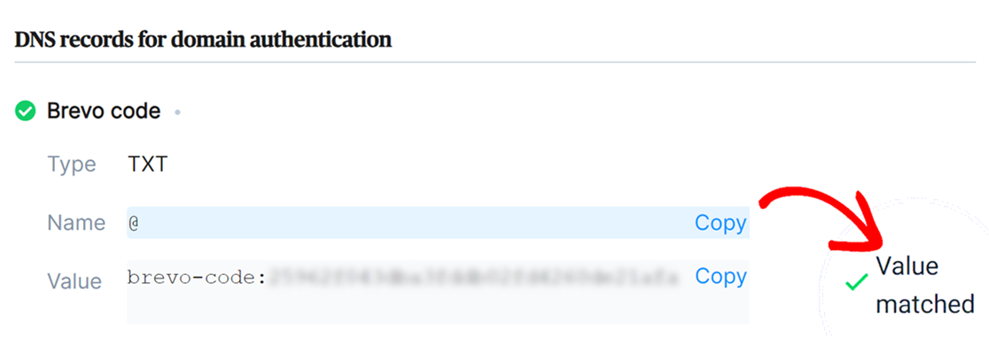DNS record's value matched in Brevo