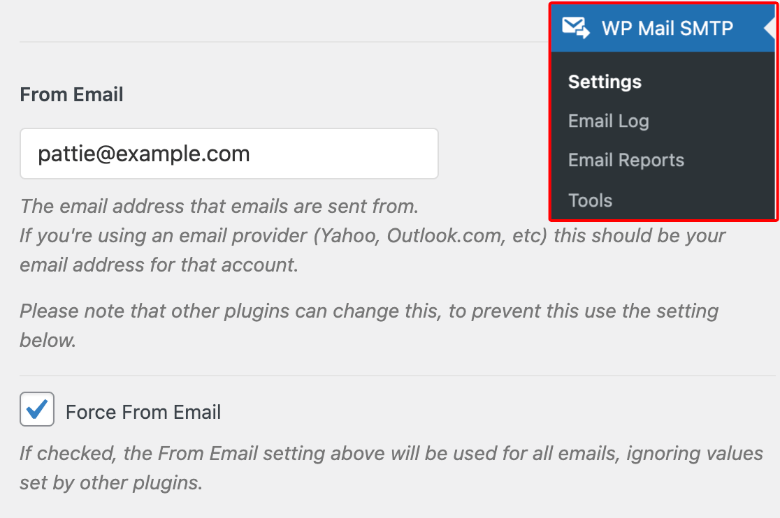 Adding the from email to the WP Mail SMTP settings