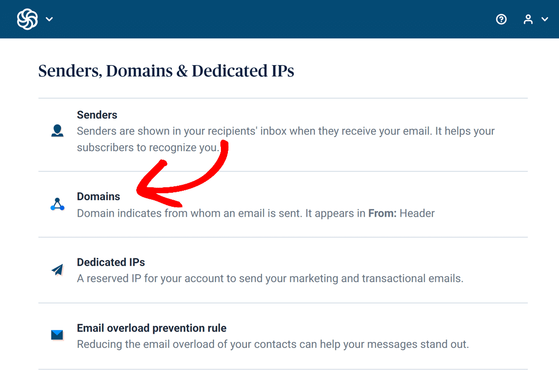 Selecting domain options to add new domain