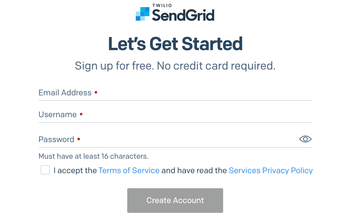 The SendGrid signup page