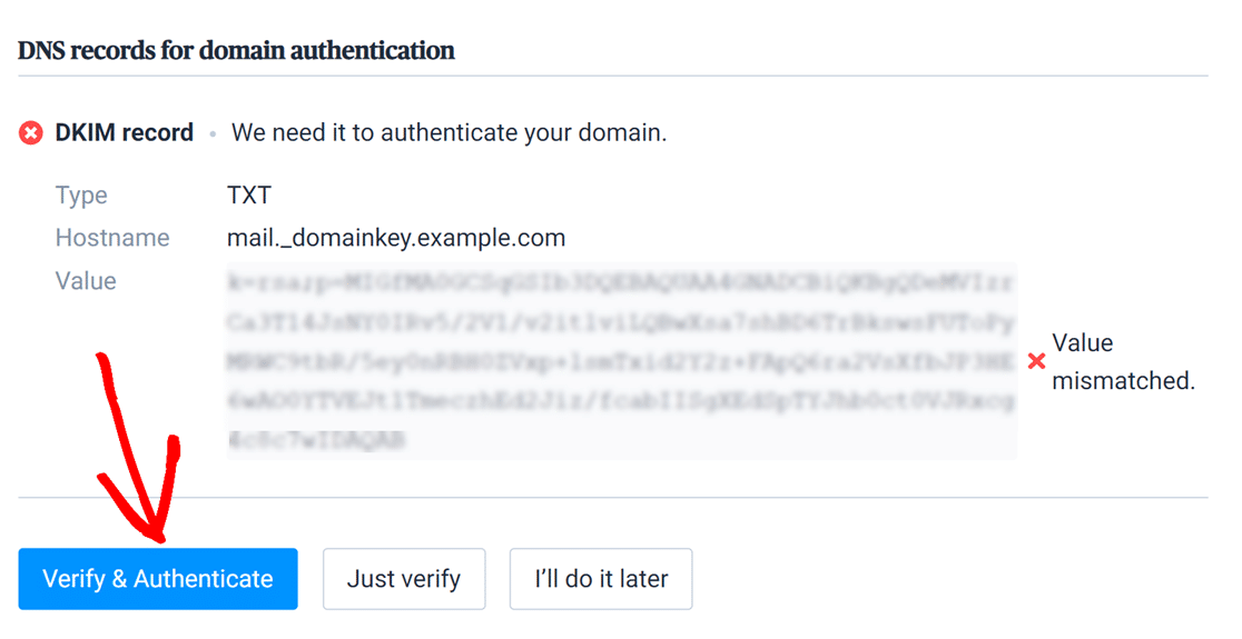 Verify and authenticate DNS records button 