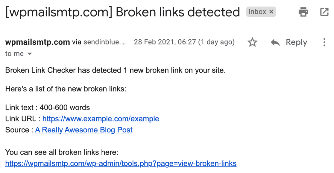 Broken Link Checker email notification example