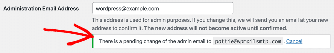 Pending change of admin email in WordPress