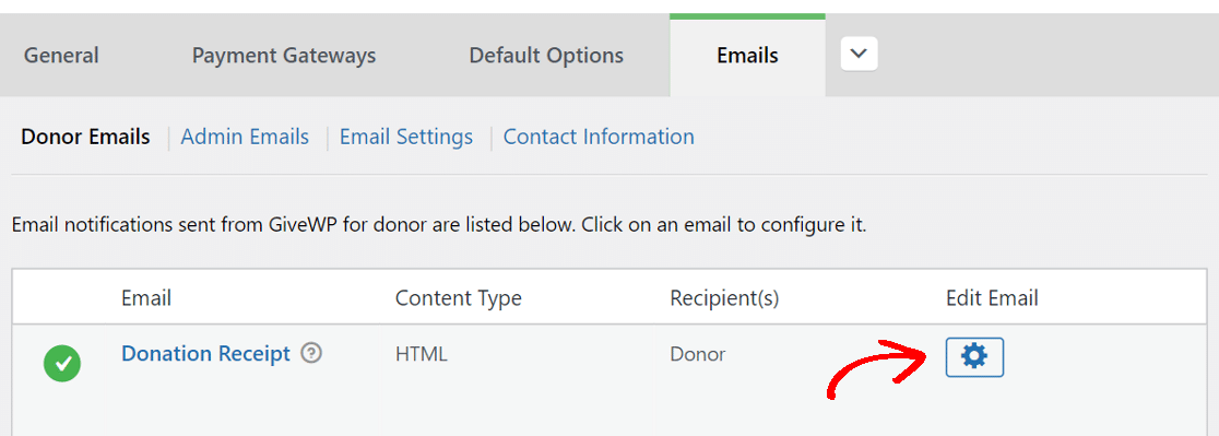 Opening the settings for a specific email in GiveWP
