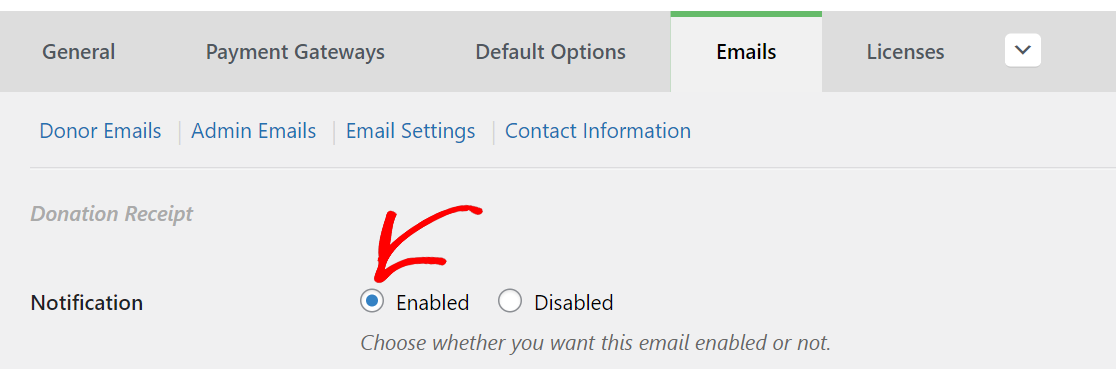 Checking the donor email receipt is enabled in GiveWP