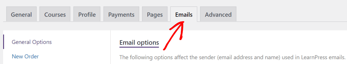 Emails tab in LearnPress Settings