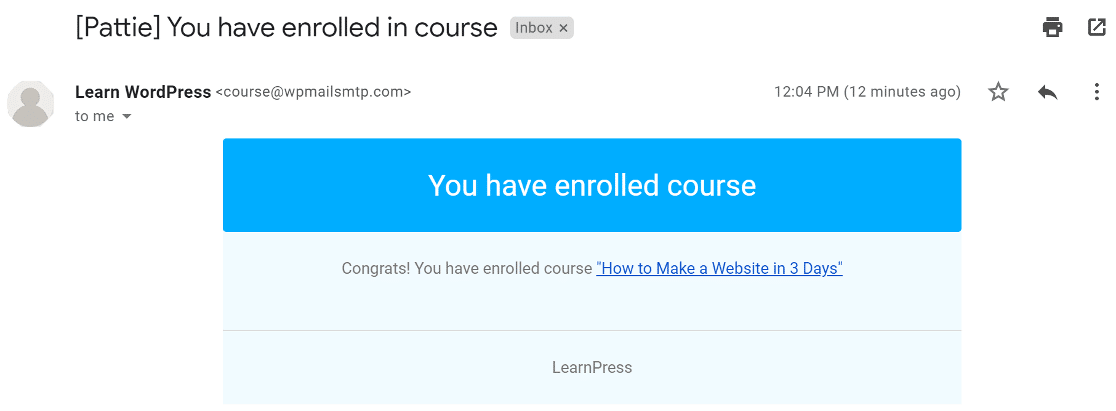 A LearnPress enrollment email