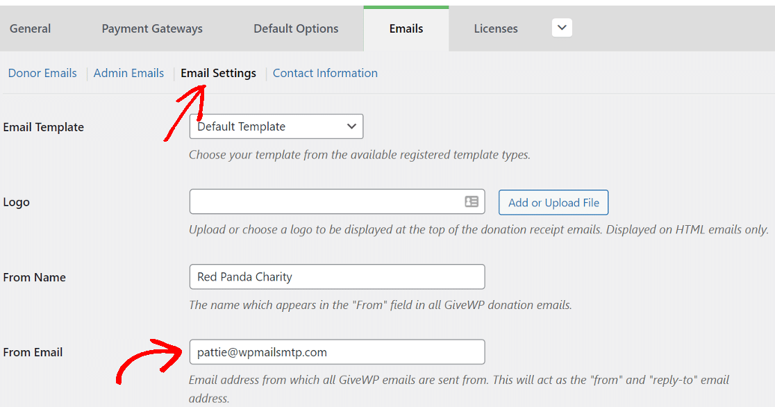giveWP from email settings