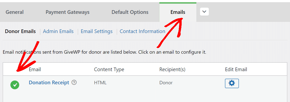 Checking the donation email receipt is enabled for GiveWP