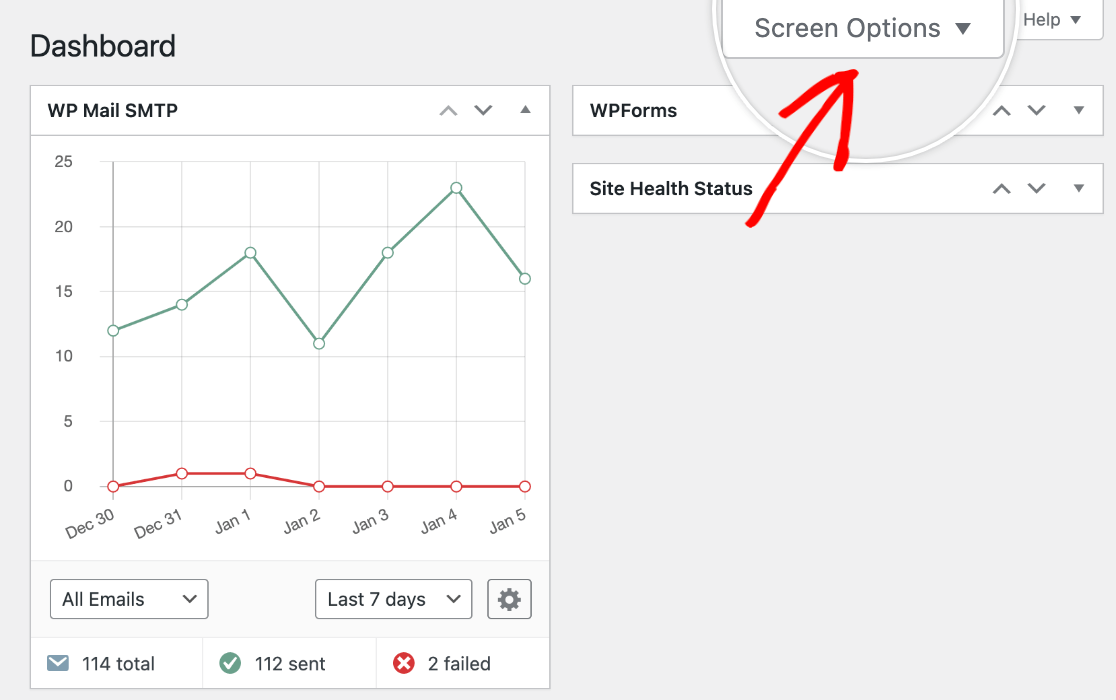 Opening the WordPress dashboard screen options