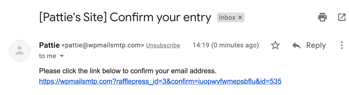 Example of a verification email from RafflePress