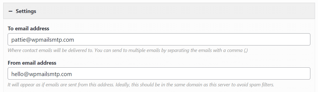 check the to and from email settings in siteorigin contact form