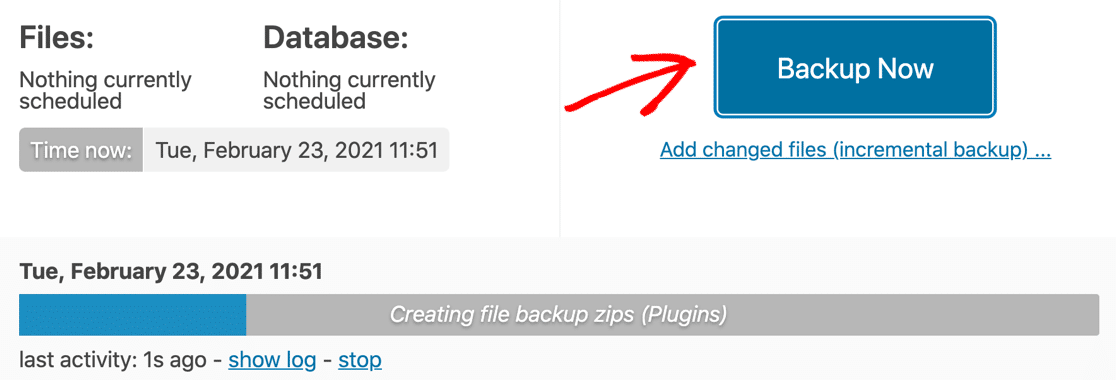 Backup Now button in UpdraftPlus