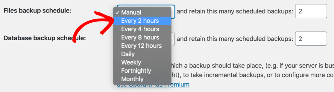 UpdraftPlus backup settings