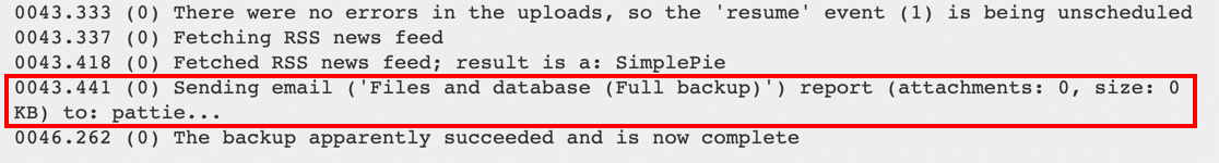 UpdraftPlus sending email in log file