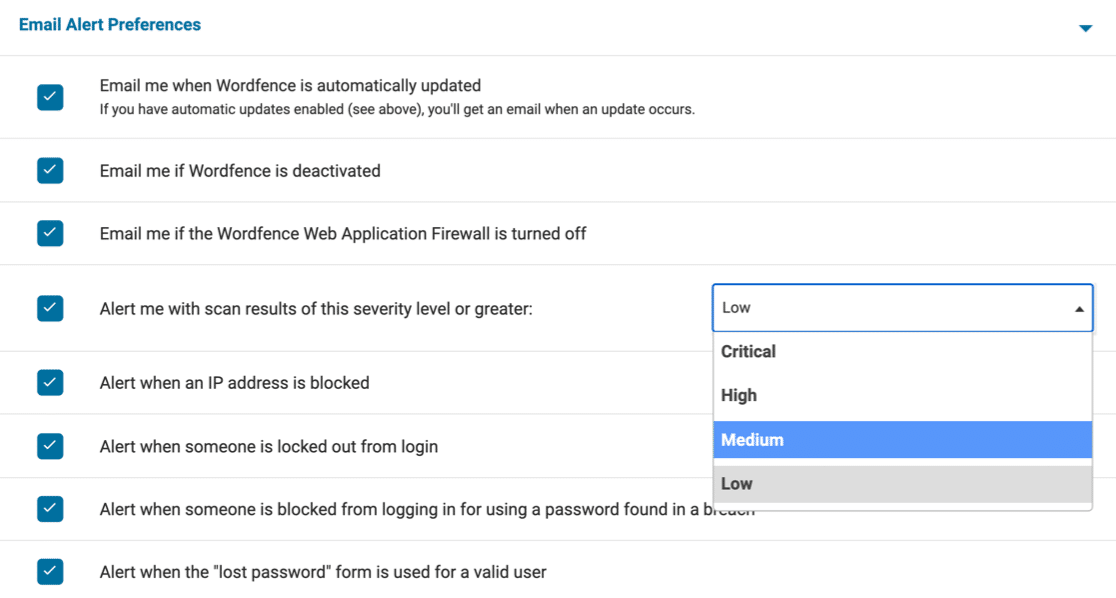 Wordfence email alert controls